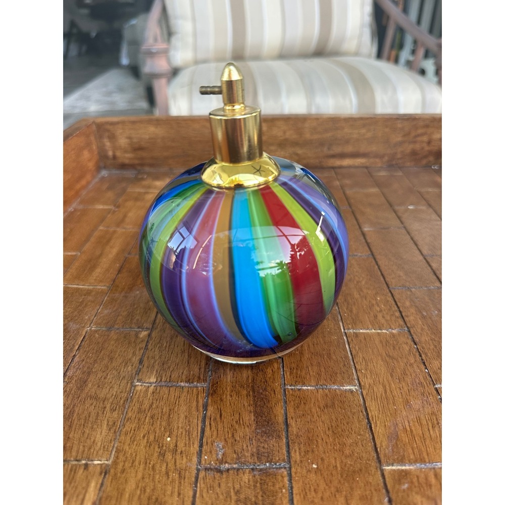 Art Glass perfume Multi Color Striped Hand Blown Sphere Gold Tone Hardware VGUC